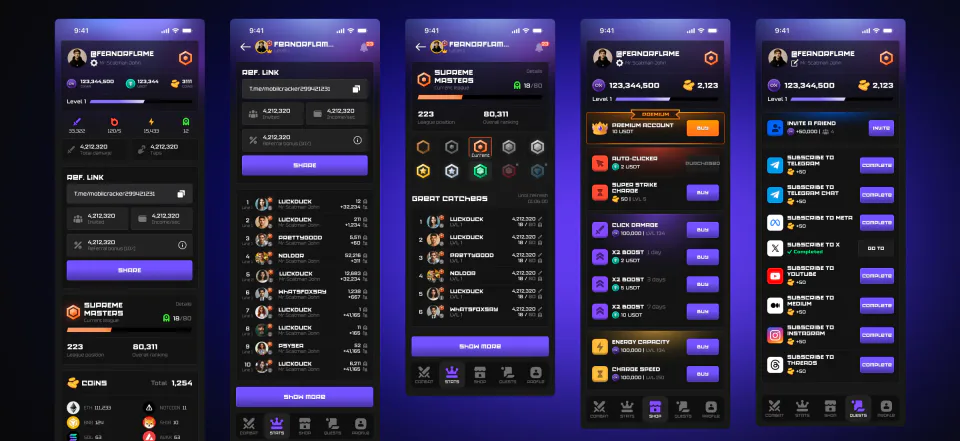 Five cabinet screens covering profile, referrals, leagues, store and quests