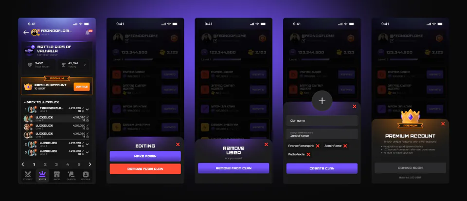 Five screens from inside a clan, two referral levels, member management and premium