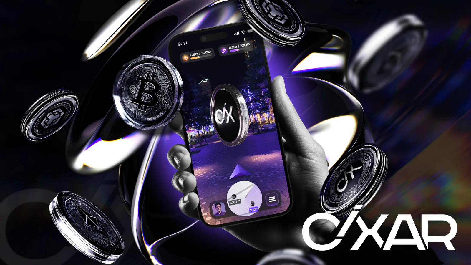 Ключевой кадр CIX AR, рука с телефоном и криптомонеты