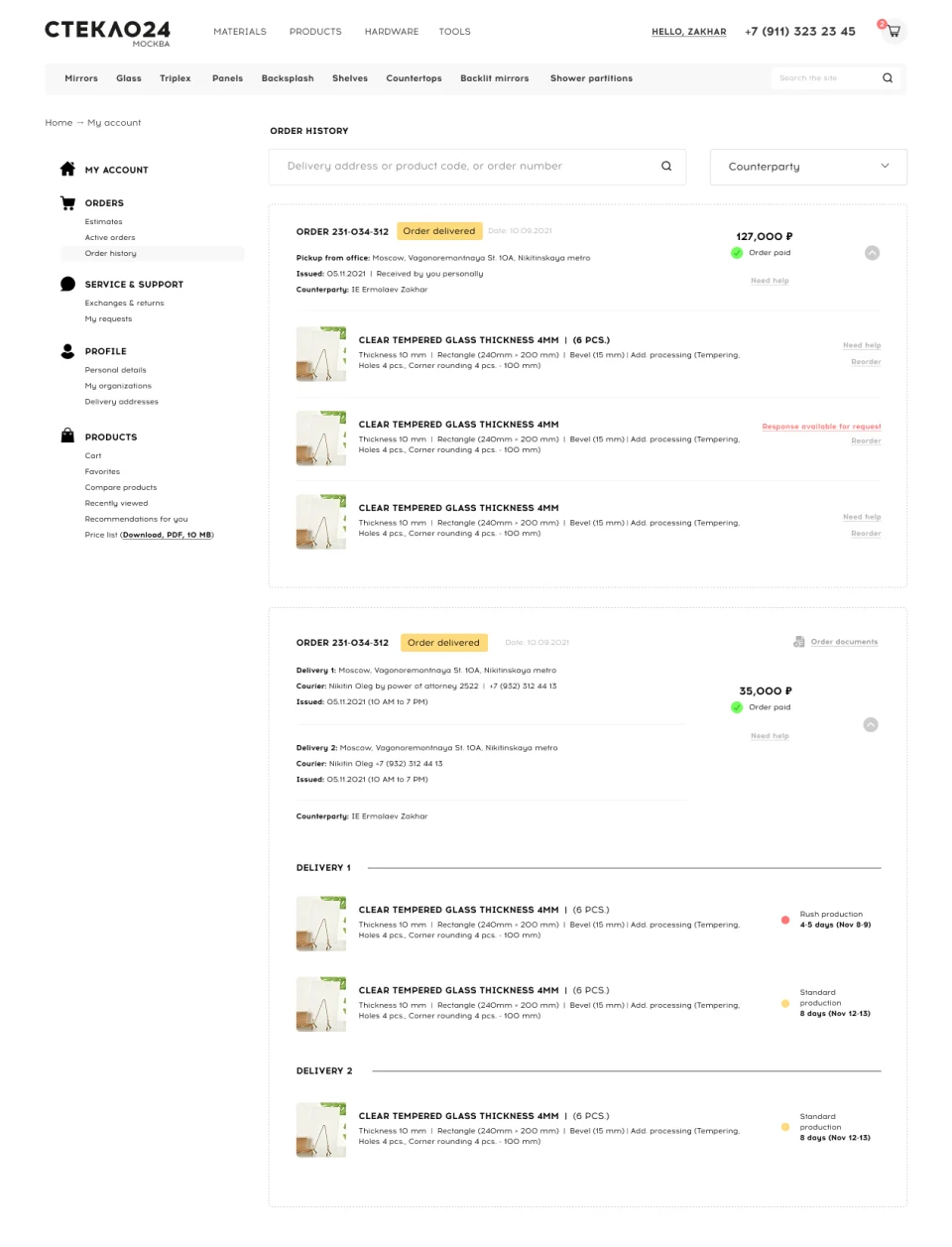 Order history with search, payment and handover statuses and a breakdown by delivery