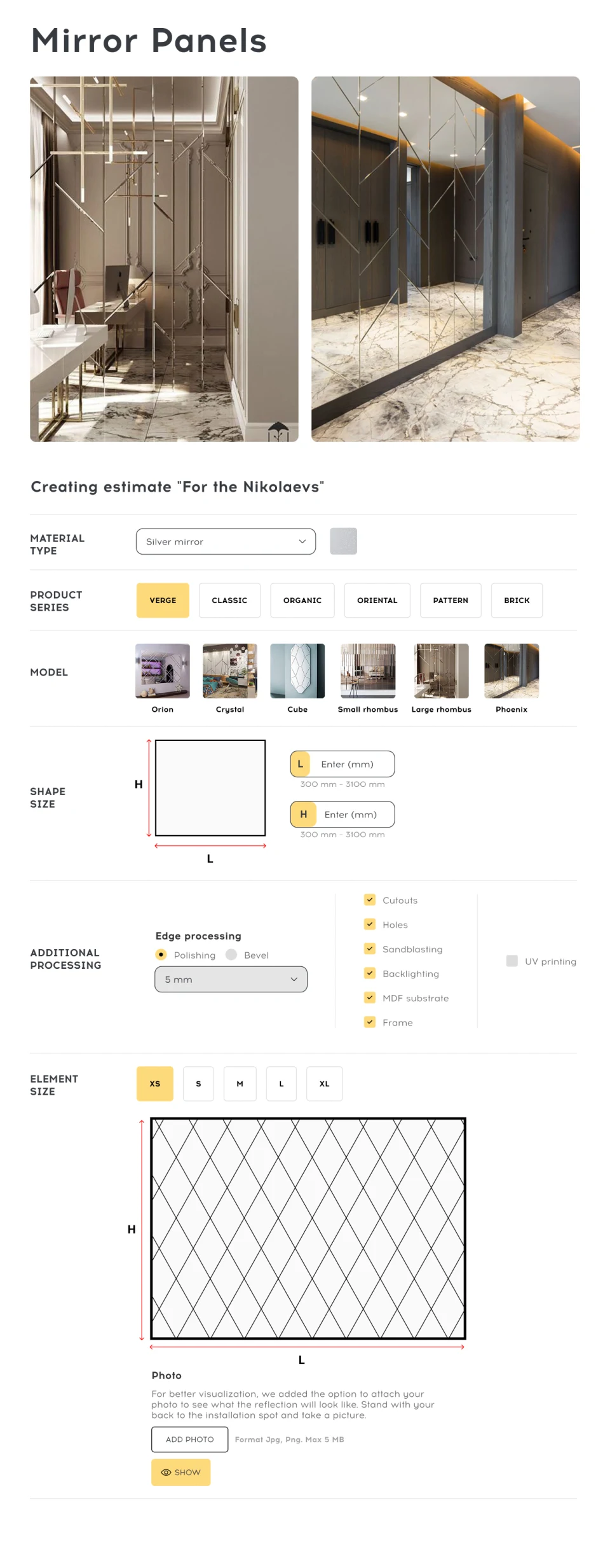 Mirror panel calculator with series, model and element size