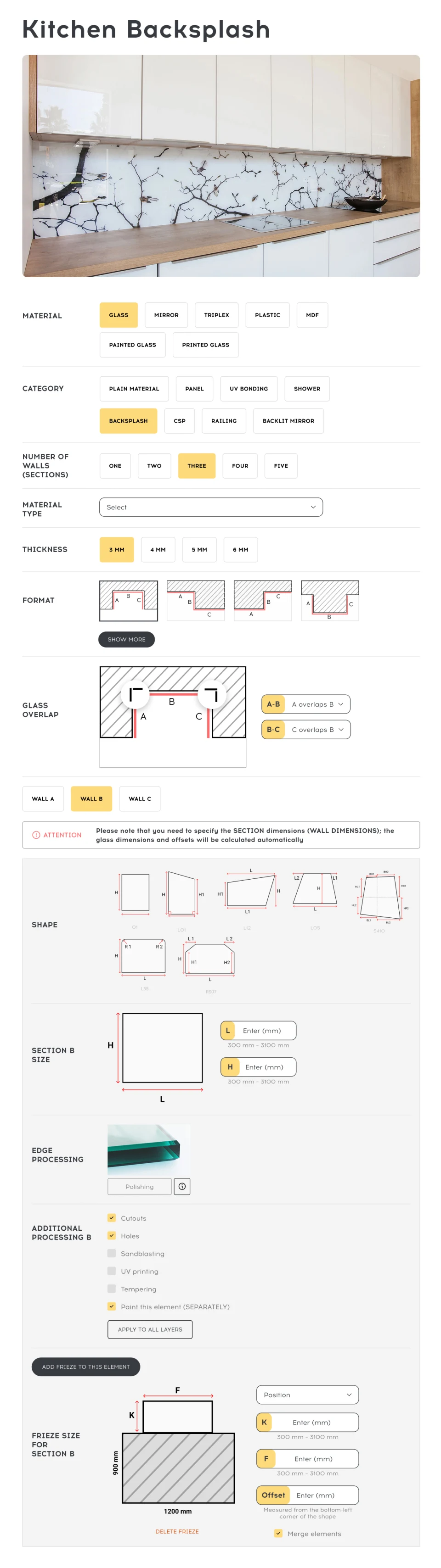 Kitchen splashback calculator with a breakdown by wall, sheet overlap and a frieze