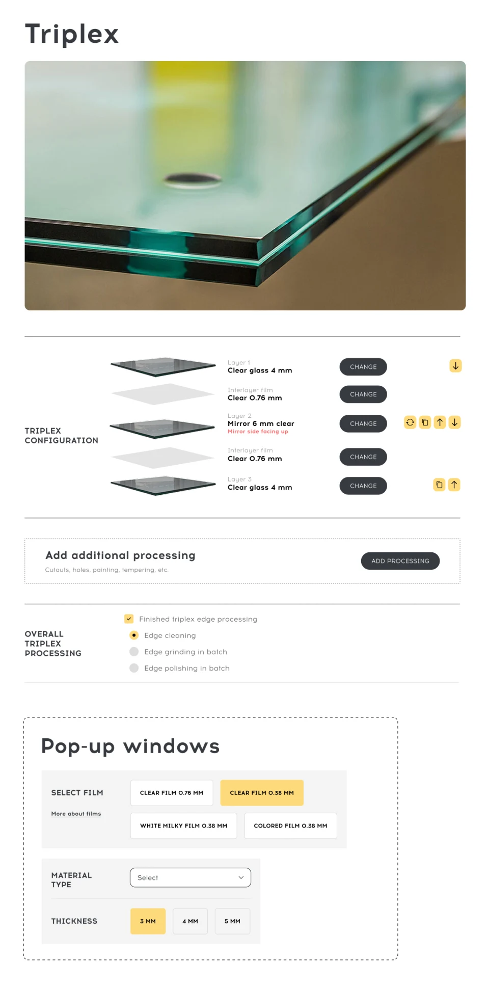 Laminated glass calculator with a layered cross-section and film choice