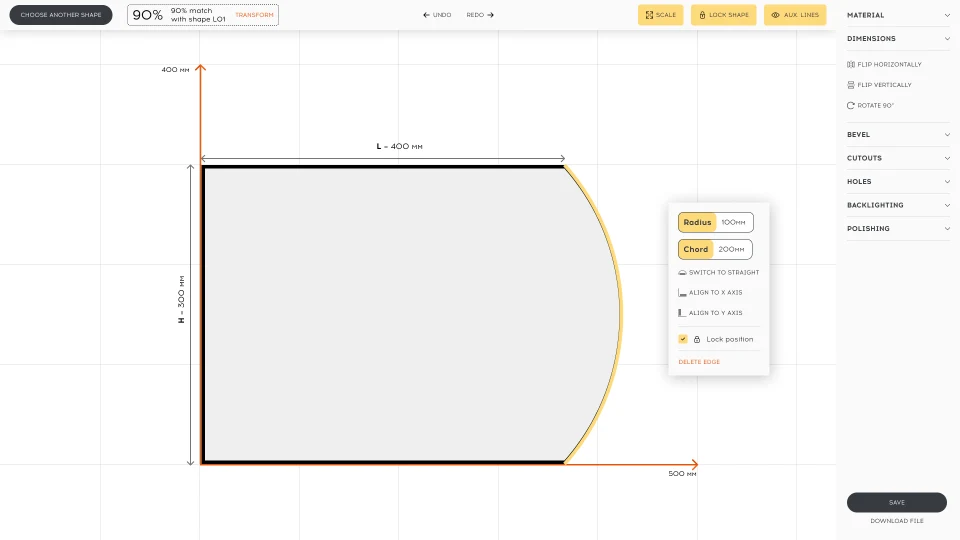 Drafting space, an edge turned into an arc with radius and chord