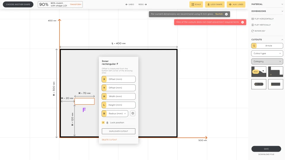 Drafting space, a cut-out with parameters and a catalogue of types