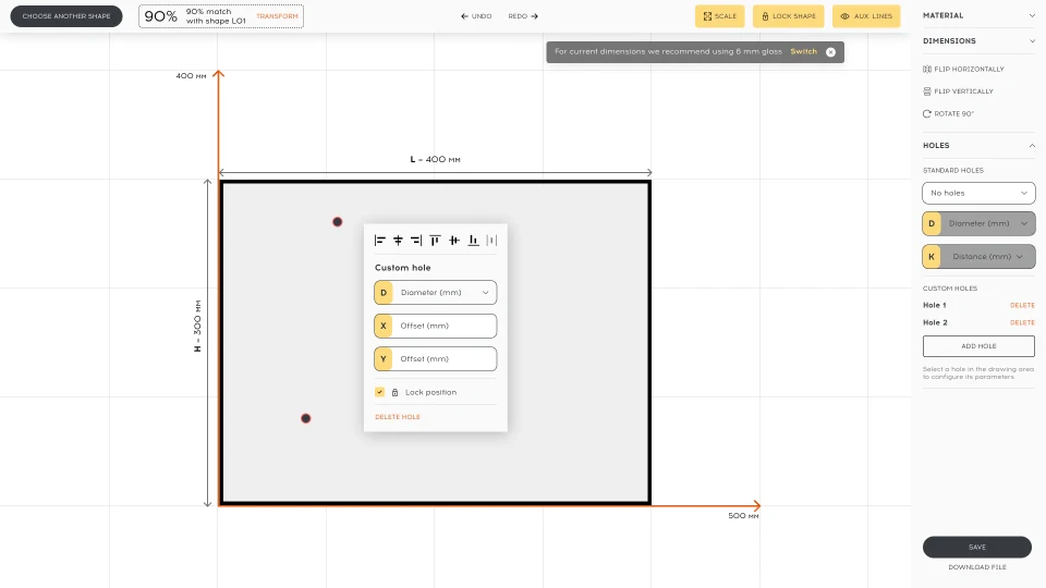 Drafting space, custom holes with alignment tools