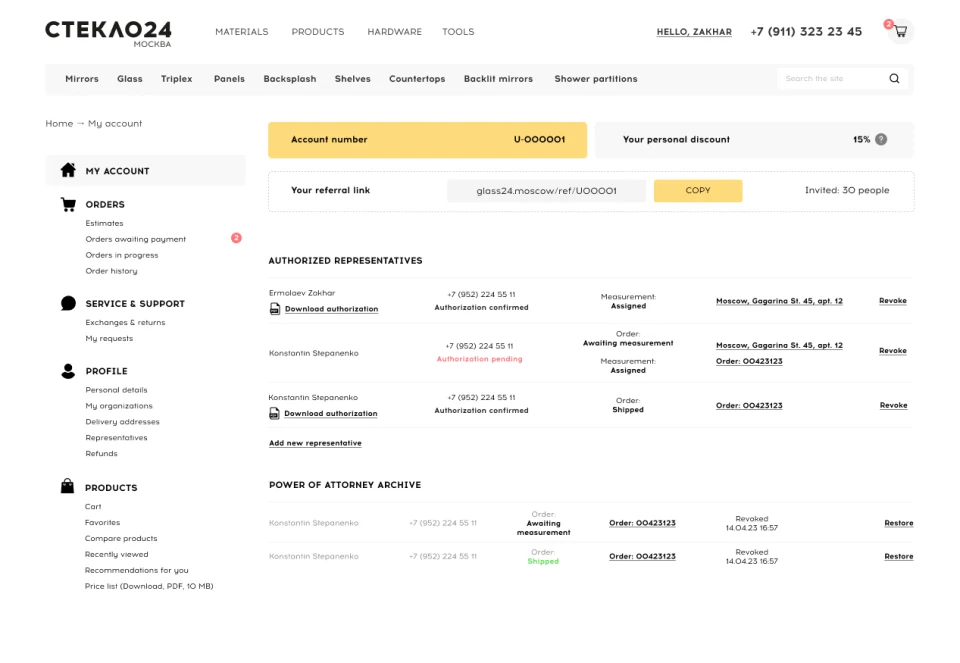 Powers of attorney in the account, with active ones listed and revoked ones archived