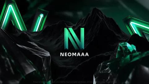 Слайд яркой презентации NEOMAAA, тёмный фон с неоном и объёмной графикой