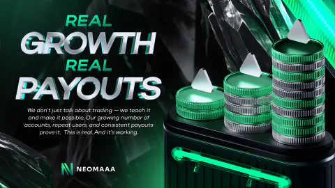 Слайд яркой презентации NEOMAAA, тёмный фон с неоном и объёмной графикой