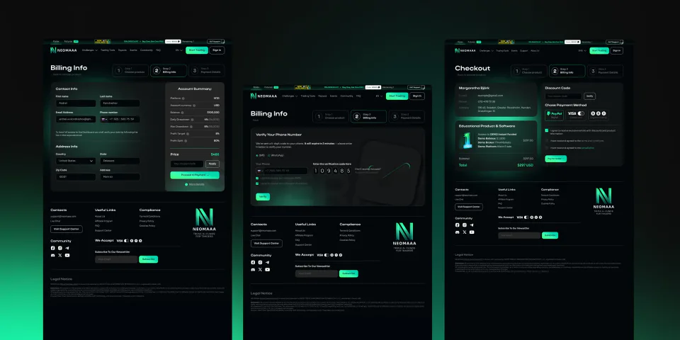 Экраны покупки челленджа NEOMAAA, контактные данные, проверка телефона и чекаут с промокодом