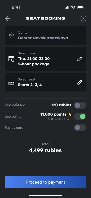 The paid centre summary with account, points and card payment