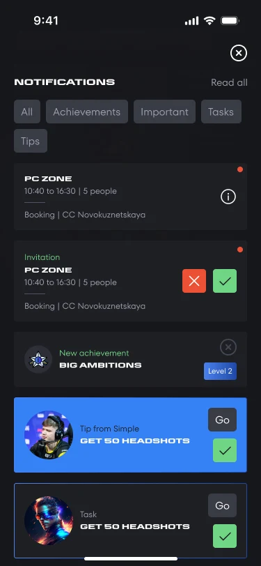 The notification centre with filters and cards of different kinds