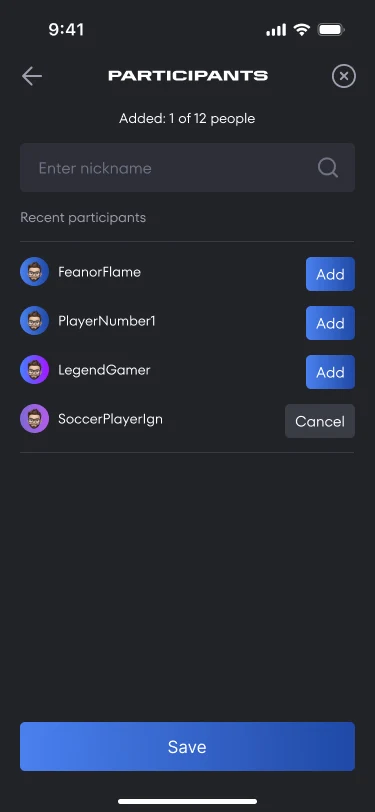 The list of recent participants with add buttons